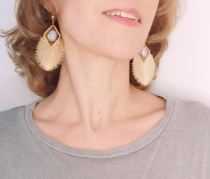 www.visiteprivee-deco.fr boucles d'oreilles femme plumes pierres calcédoines bleues claires, bijoux français.